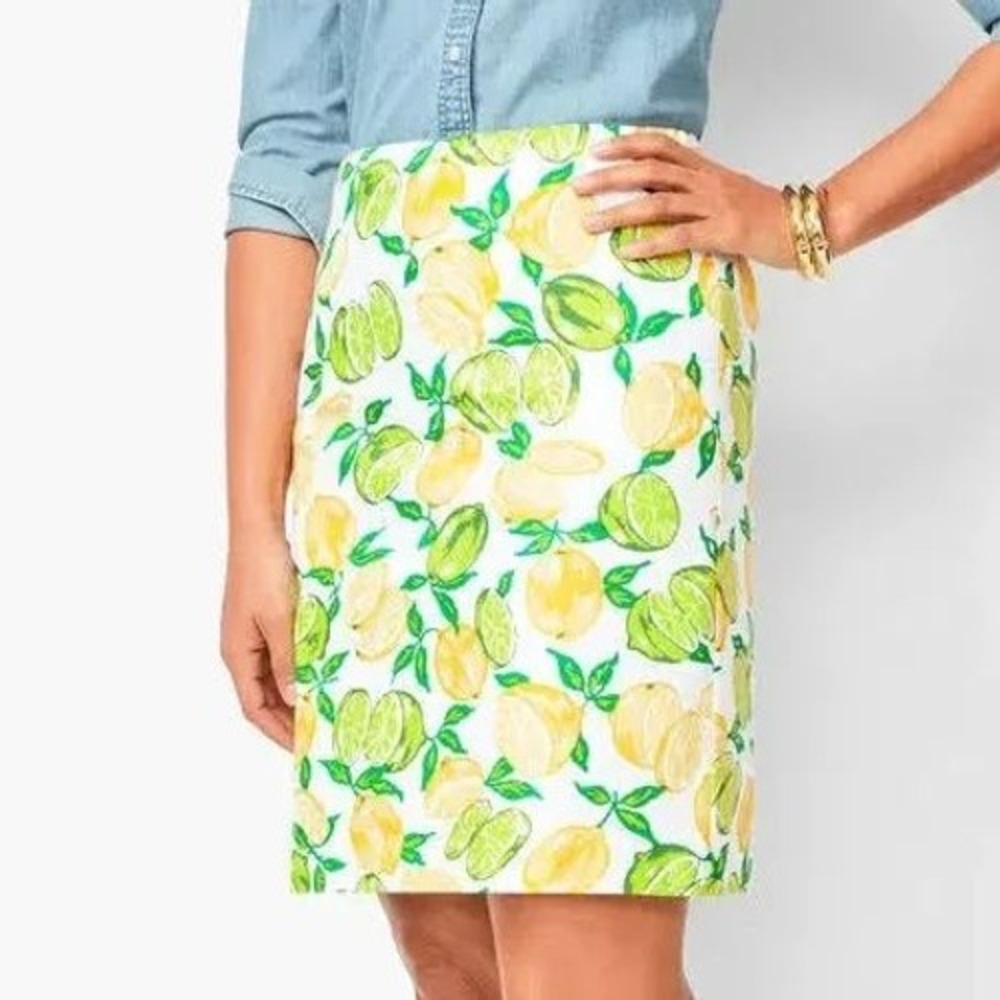 Talbots Lemon Blossom Fruit Floral Skirt Size 10 White Cotton Stretch Summer